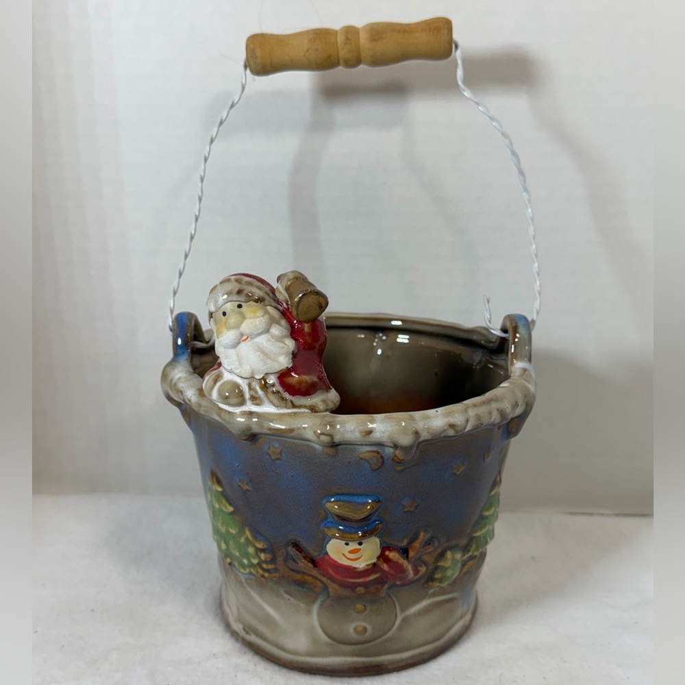Santa & Snowman 4" Ceramic Christmas Holiday Bucket/Basket w/Handle